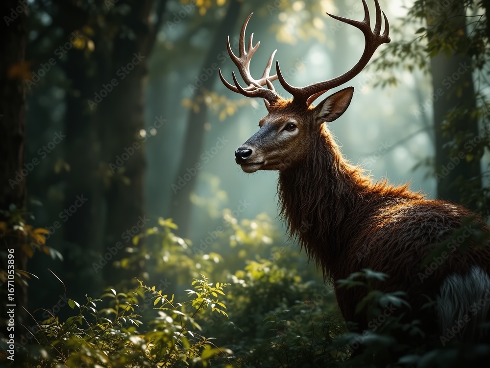 Fototapeta premium Red Deer Majestically Strolling Through Woodland