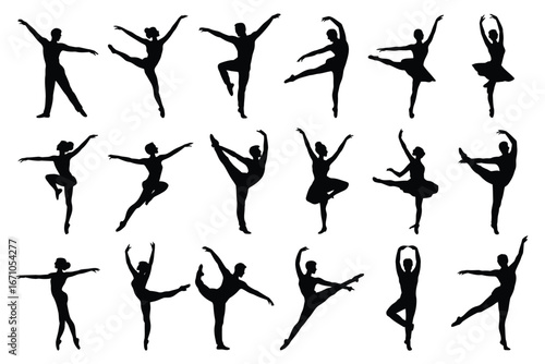 Vector art of silhouettes of ballet dancers in various poses, showcasing elegance, grace, and artistic movement in dance performance