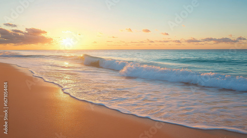 Wallpaper Mural Golden sunrise over a pristine tropical beach with gentle waves lapping the shore Torontodigital.ca