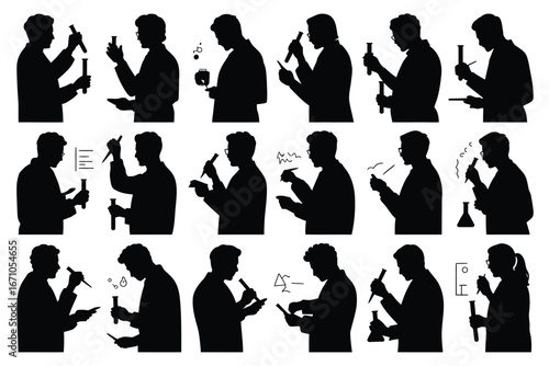 Vector art of silhouette collection of scientists conducting experiments in a lab for creative projects and artistic designs