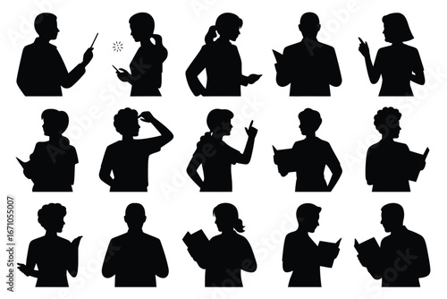 Vector art of silhouettes of people in various poses, including teaching, reading, and presenting, for versatile design use