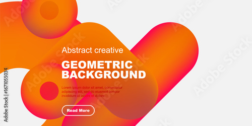 Abstract geometric background features vibrant orange, red hues. Text overlay includes sample content, button for further details.