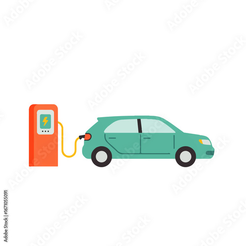A light green electric car is charging at a red charging station, connected by a yellow cable, on a white background.