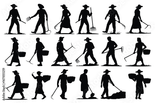Vector art of silhouettes of farmers and gardeners working with tools, , showcasing agricultural and horticultural activities