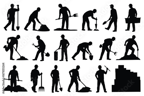 Vector art of silhouette of construction workers engaged in various tasks like digging, lifting, and building with tools like shovels, pickaxes, and hammers