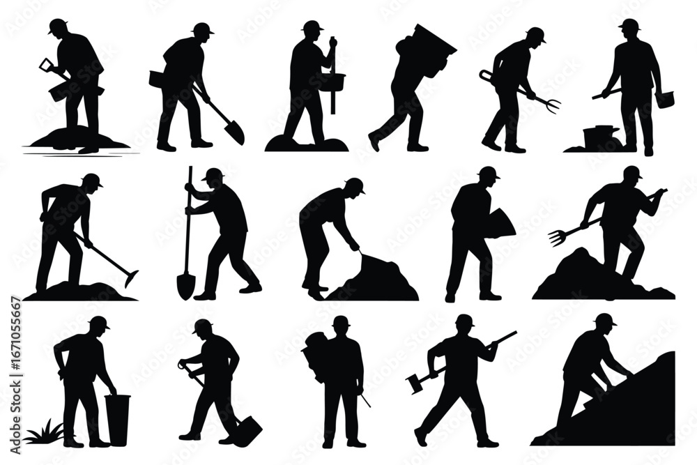 Fototapeta premium Vector art of construction worker silhouette set featuring various actions and tools for building, repair, and labor tasks
