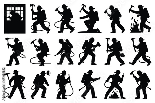 Vector art of set of black and white vector silhouette icons of firefighters in action rescuing people and extinguishing fire