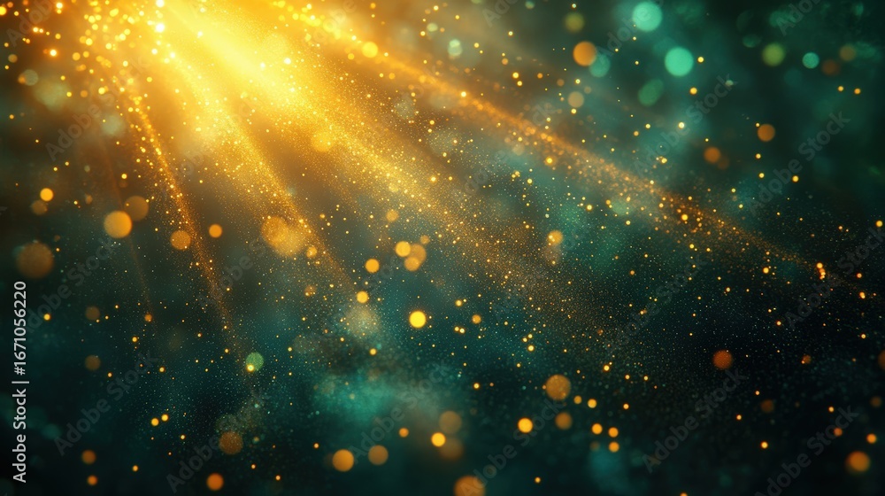 Fototapeta premium A captivating burst of golden light beams and shimmering particles creates a magical, ethereal atmosphere against a dark background.
