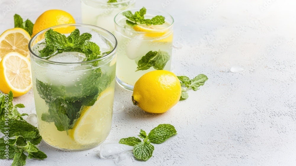 Fototapeta premium A fresh lemonade pitcher with glasses, bright setting, copy space on the right.