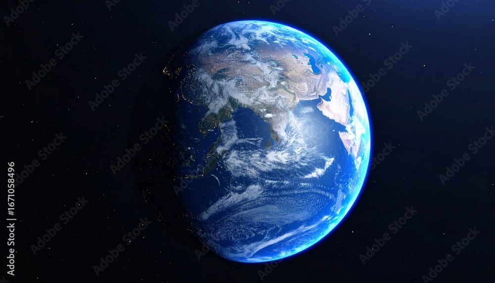 Obraz premium Glowing Blue Marble: Earth's Majestic Transition from Day to Night Over Asia