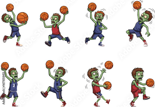Cartoon zombie basketball players in action poses, ideal for Halloween-themed sports illustrations, character design, games, and fun animations.