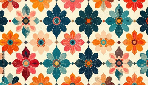 Symmetrical Retro Floral Grid with Textured Teal and Orange Blooms.