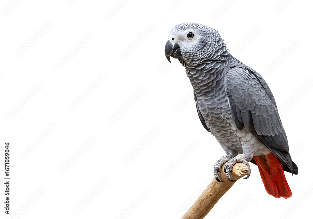 Obraz premium An enchanting portrait captures the poised elegance of a gray parrot perched gracefully on a wooden branch, a vibrant contrast against a pristine white backdrop.