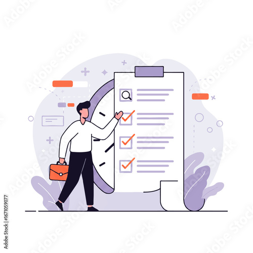 Man with briefcase checks off items on a large checklist next to a clock, illustrating time management and productivity.