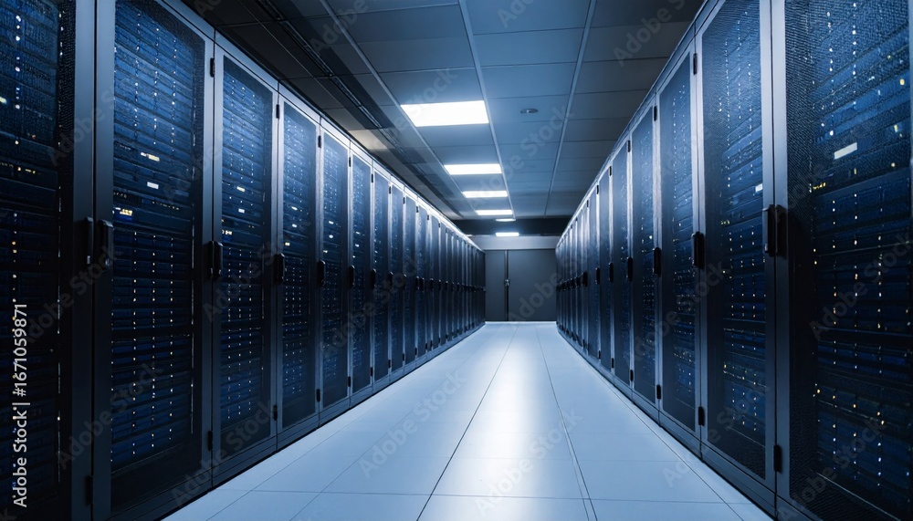 Fototapeta premium Vanishing Point Perspective Down a Gleaming Aisle of Blue-Lit Server Racks