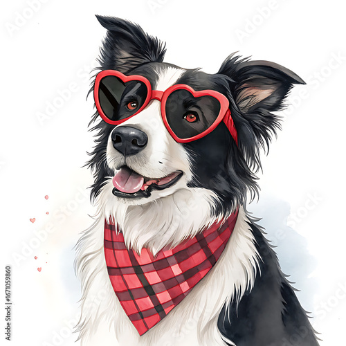 Playful Border Collie with Heart Sunglasses in a Whimsical Abstract Setting - Cute Dog Illustration