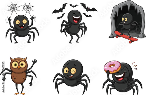 Cute cartoon black spiders with funny faces doing activities like skateboarding, eating donuts, and interacting with bats, owls, and webs.