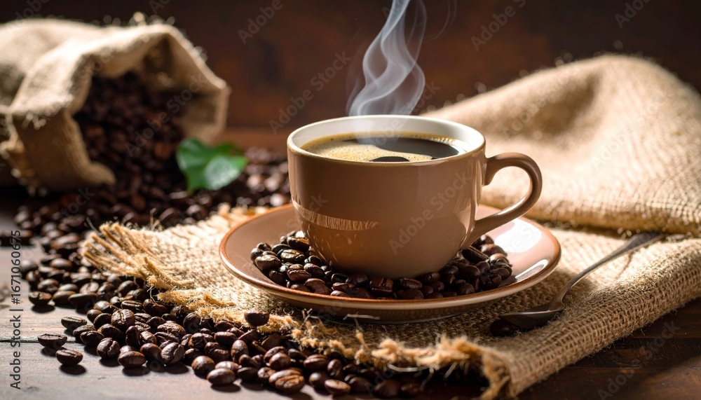 Fototapeta premium Rustic Morning Ritual: Steaming Coffee Cup on a Bed of Roasted Beans