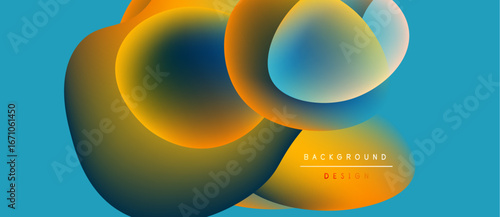 Abstract fluid shapes overlap, creating vibrant color gradients. Blue background complements orange, yellow hues. Modern design element.