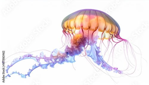 Mesmerizing jellyfish underwater, vibrant colors, graceful tentacles, ocean life.