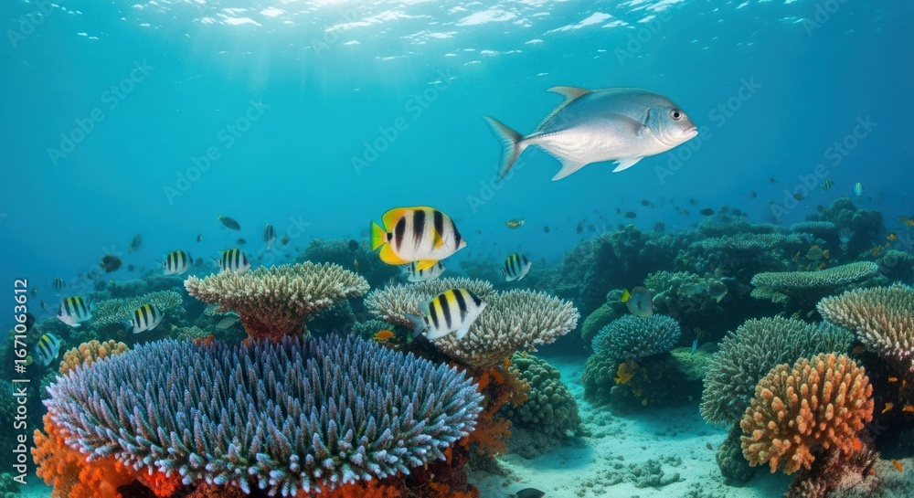 Fototapeta premium Underwater scene with coral reefs and tropical fish in clear blue water
