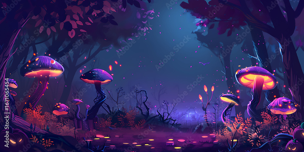 Fototapeta premium Mystical Forest with Illuminated Mushrooms
