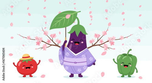 Charming Vegetable Friends Enjoying Springtime with Cherry Blossom Branches And Petals