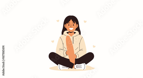Cheerful Woman Resting, Symbolizing Contentment, Smiling and Embracing Herself Meditating