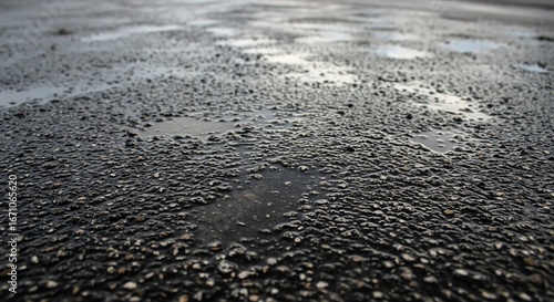 Closeup of wet asphalt with puddles showing textured surface
