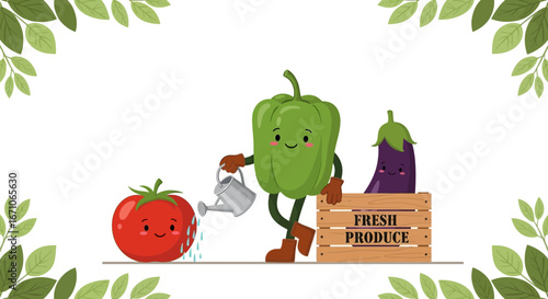 Charming Vegetables Watering, Fresh Produce in a Wooden Crate, Cute Illustration