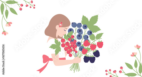 Charming Woman Smelling A Bouquet Of Fresh Berries And Delightful Flowers Illustration