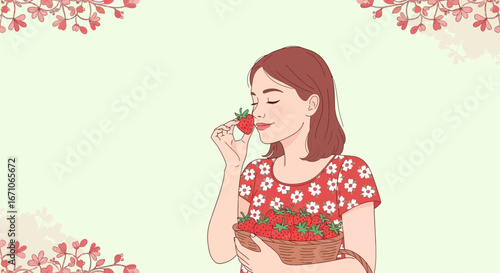 Charming Woman Smelling Sweet Strawberry in Summery Outfit with Floral Touch