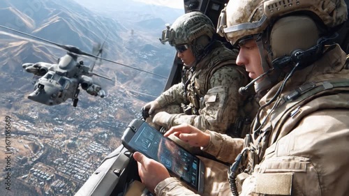 Military Professionals in Action: Inside a military helicopter, two focused soldiers monitor a tablet and survey the strategic landscape below, exemplifying professionalism and mission readiness.