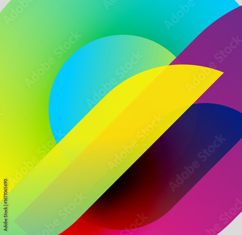 Abstract vibrant shapes overlap. Colors blend smoothly, creating dynamic visual effect. Gradients dominate composition.