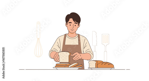 Cheerful Baker Arranging Bread Slices And Making Fresh Toast With Kitchen Utensils