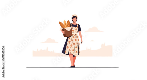 Baker Delivering Freshly Baked Bread in a Classic Dress Across a Scenic Landscape
