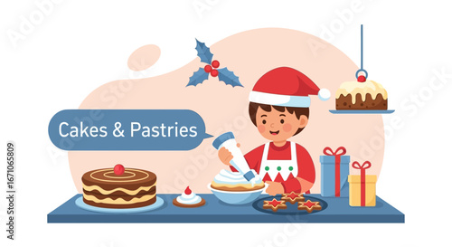 Cheerful Baker Creates Festive Christmas Cakes and Pastries for Holiday Celebrations