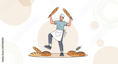 Cheerful Baker Celebrates Freshly Baked Bread with Joyful Posture and Delicious Loaves