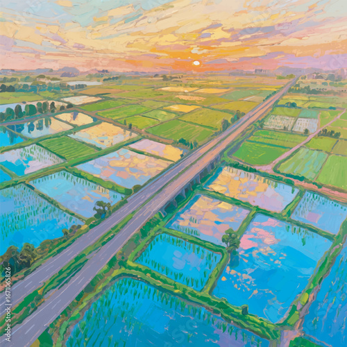 Aerial View of Rice Fields with Green Landscape Background Vector