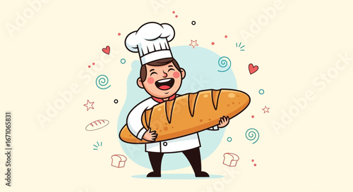 Cheerful Baker Displaying Freshly Baked Baguette with Delightful and Joyful Expression