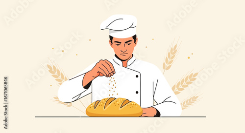 Baker Garnishing Freshly Baked Loaf Of Bread With Seeds, Illustrating Culinary Craft