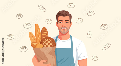 Cheerful Baker Holding Variety Of Freshly Baked Bread Smiling At The Viewers