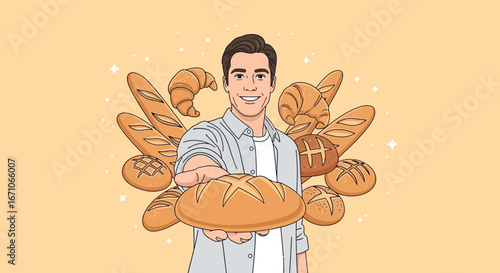 Baker Offering Freshly Cooked Bread Varieties To The Viewer With A Cheerful Expression