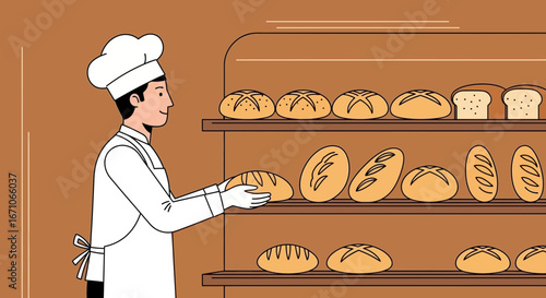 Baker Placing Freshly Baked Loaf Of Bread Into The Display, Illustration Of Bakery