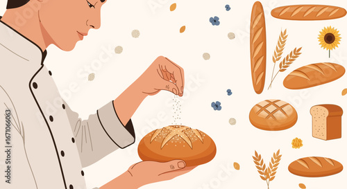 Baker Preparing Artisanal Bread With Freshly Sprinkled Ingredients For Baking Delights