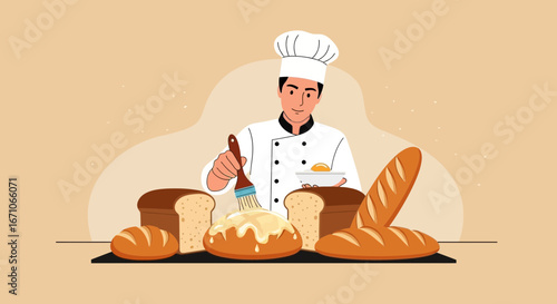 Baker Prepares Freshly Baked Bread with Glaze For A Sweet And Savory Treat