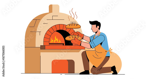 Baker Preparing Bread, Freshly Baked Loaves Emerging From Brick Oven With Fire