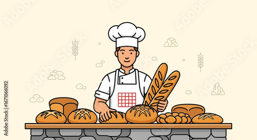 Cheerful Baker Presenting Freshly Baked Bread and Baguettes on Display