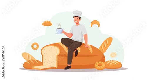 Cheerful Baker Relaxing and Enjoying Coffee While Sitting on a Loaf of Bread