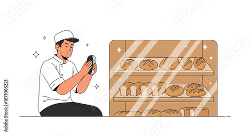 Baker Preparing The Showcase Of Freshly Baked Artisan Loaves And Breads Illustration